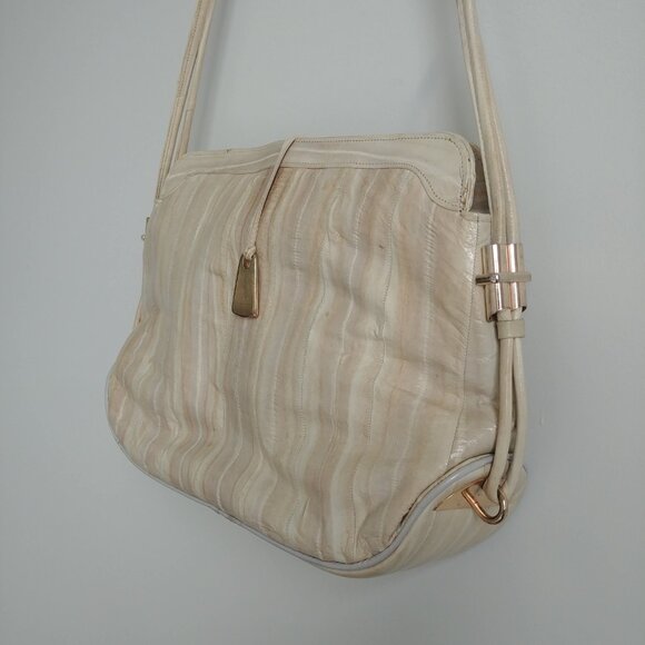 Vintage genuine eel skin cream ivory gold shoulder bag purse - Picture 2 of 16